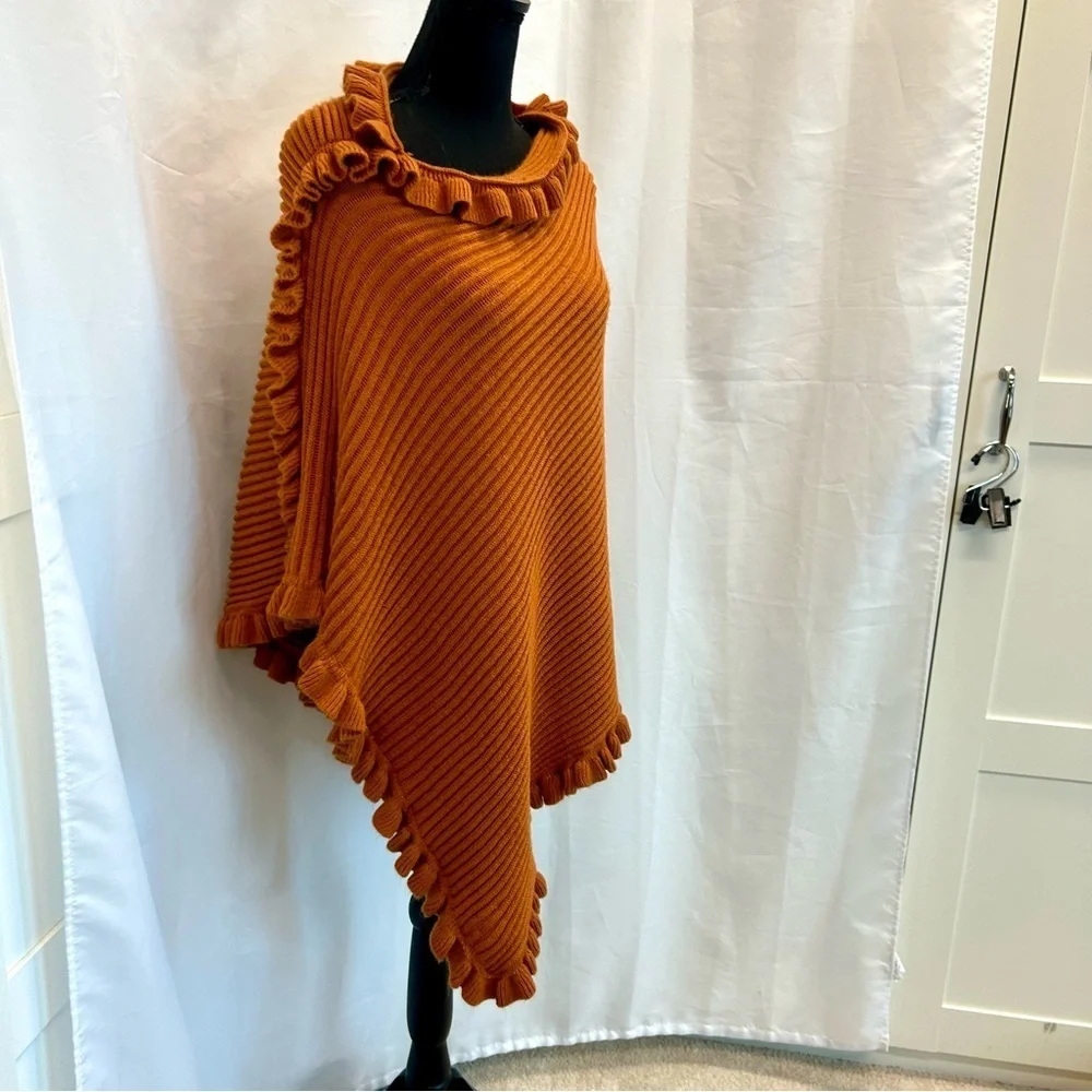 sarajane burnt orange ruffle frill knit cape shrug poncho shawl NWOT